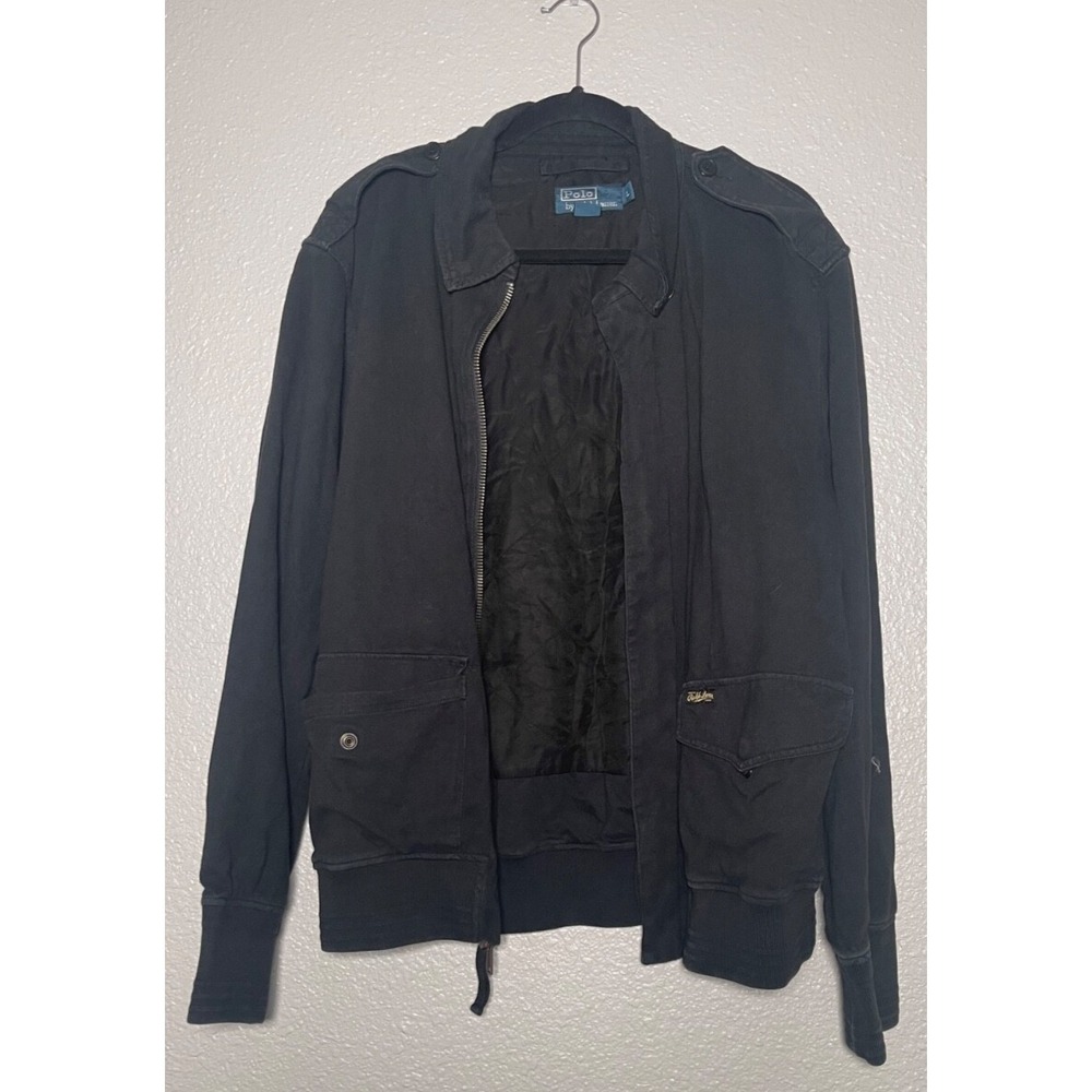 VTG Polo Ralph Lauren Bomber Jacket Men's Large‎ Black Full Zip Snap Pockets